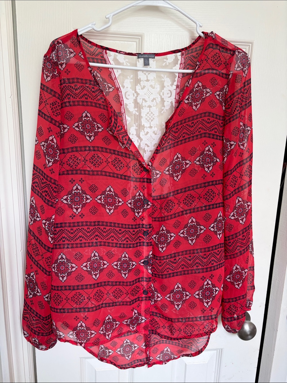 Charlotte Russe Red Aztec-Print Sheer V-Neck Blouse
